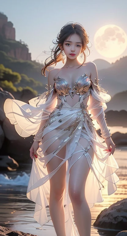 luminescent, ((bare shoulders)), ((whole body)), actual, Fashion girl, red lips, adult, cosmetics, big eyes, fair eyes, ((whole body)), ((from below)), (best quality, masterpiece:1.2), super detailed, (actual:1.37), ((Sexy long legs)), fair, young and energetic, Charming model with, big breasts, split, (exquisite eyes, delicate lips, extremely exquisite eyes), Show a bright smile, Create stunning girl images, Warm colors, Extremely high color saturation, official art, Extremely detailed CG unified 8K wallpaper,(high dynamic range :1.4), (cinematic),(pastel colors, The color is dull, soothing tone :1.3), (natural skin texture, ultra-actual, soft light, sharp),(Very detailed), night, moonlight, ((in mountains, plant, Leaning against the rocks))