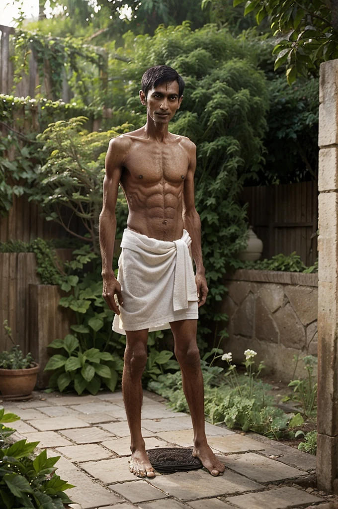 (((Emaciated))), short Indian man (((emaciated, short))) standing in a garden. He is wearing a towel.