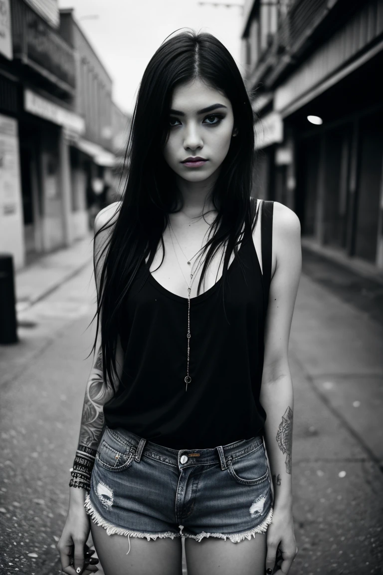 a beautiful 18 year old slim and sexy woman, emo girl, black dress, denim shorts, detailed face, long eyelashes, intricate makeup, moody expression, cinematic composition,  grungy urban environment