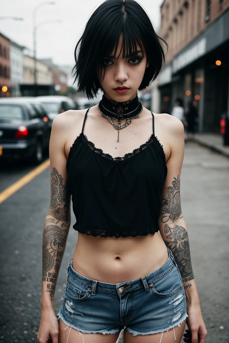 a beautiful 18 year old slim and sexy woman, emo girl, black dress, denim shorts, detailed face, long eyelashes, intricate makeup, moody expression, cinematic composition, grungy urban environment