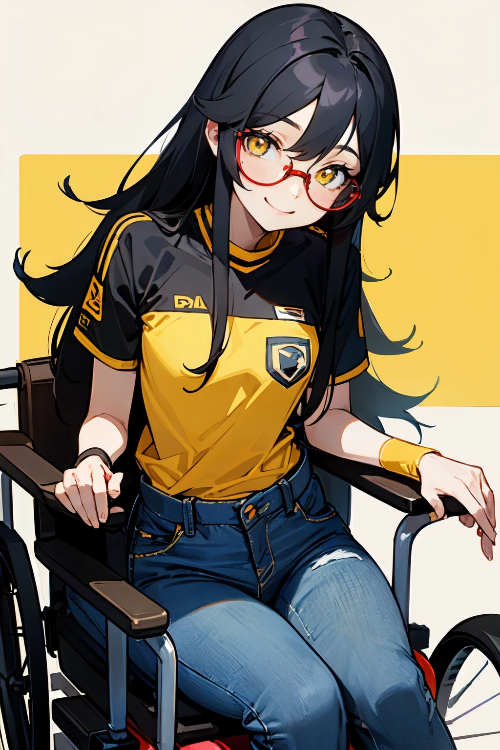 1girl, black long dirty hair, Yellow eyes, flat chest, blue jeans, red glasses, smiling, sports wheelchair