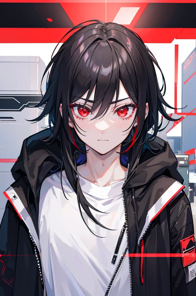 portrait, male, beauty, black hair, red eyes, cyberpunk, white jumper, black hoodie, kindness