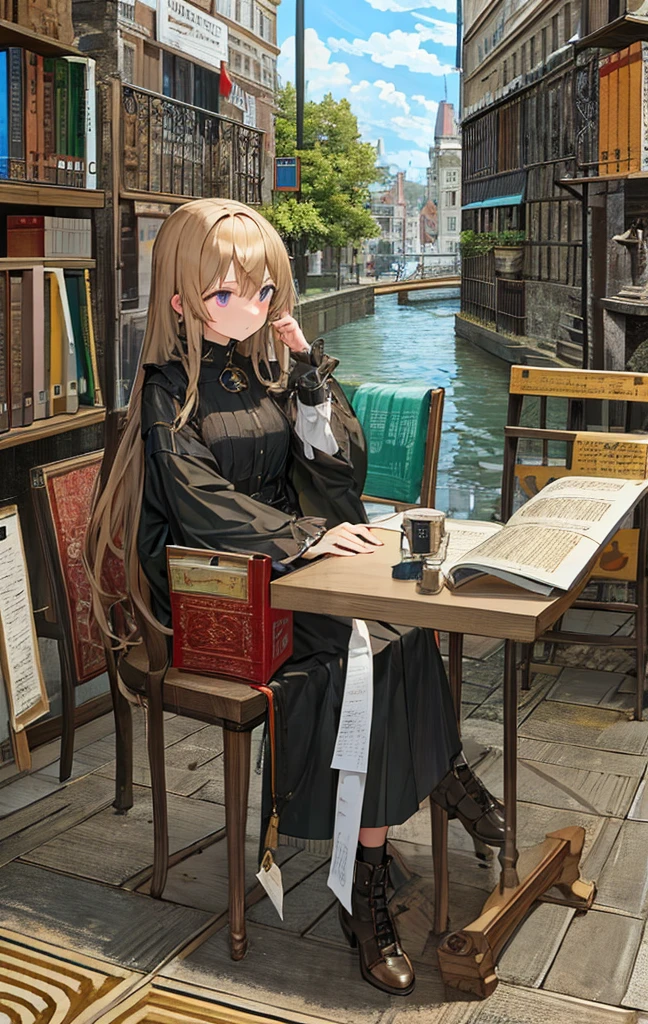 masterpiece, Highest quality, detailed, city, street, Gothic, One girl, Long Hair, boots, Vintage, antique, brass, Metal, gear, mechanical, elegant, Classic, Sophisticated, Sophisticated, Ready, Contemplative, Thoughtful, Curious, mysterious, Mysterious, Magic, Cautious, intellectual, Book lover, Contrast, perspective, depth, texture, detailed, リアrhythm, Expressionistic, Abstract, Surreal, Innovative, Experimental, Individuality, atmosphere, atmosphere, feeling, Nostalgia, historic, cultural, Technical, industrial use, Fantasy, imagine, creativity, Artistry, Craftsmanship, skill, Accuracy, detailed, composition, balance, Harmony, rhythm, colorful, dark, reflection, refraction, prospect, Middle Way, background, Vanishing Point, horizon, focus, Naturalistic, Figurative, Expressive,