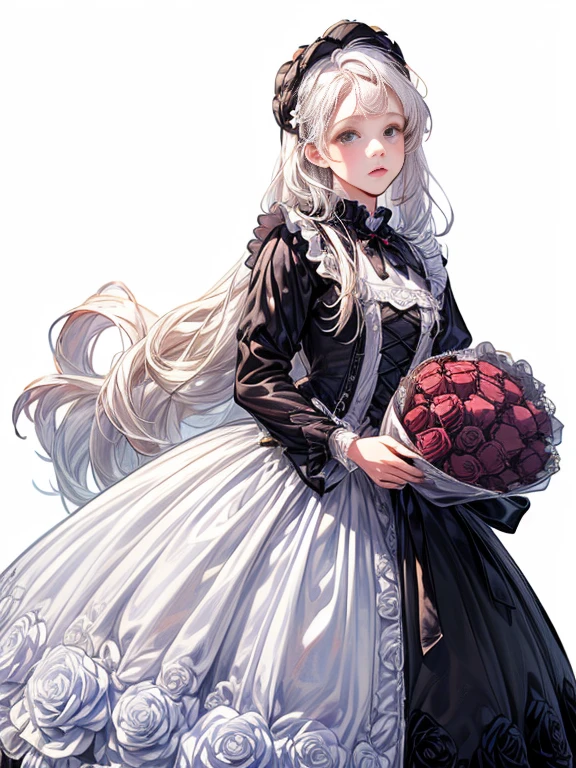 masterpiece, Highest quality, High resolution, detailed, figure, (Blank Background:2),(White background:2), (No background:2),1 female、Around 20 years old、human、(Drawing the whole body:1.5)、(Draw to fit within the frame、Draw to fit on campus)、(White Hair:1.5)、(Long Hair:2.0)、(Lolita Dress:2.0)、(Face looking into the distance:1.5)、Change the design of the clothes、Change the pose、(The body faces forward toward the viewer:1.5)、Clear eyes、(Holding a bouquet of many beautiful red roses:1.5)、Various flowers、(Holding the bouquet in both hands so it is visible:1.5)、Long sleeve、(The face is looking at the viewer:1.5)、(Dark clothes:2.0)、Arrange the whole、