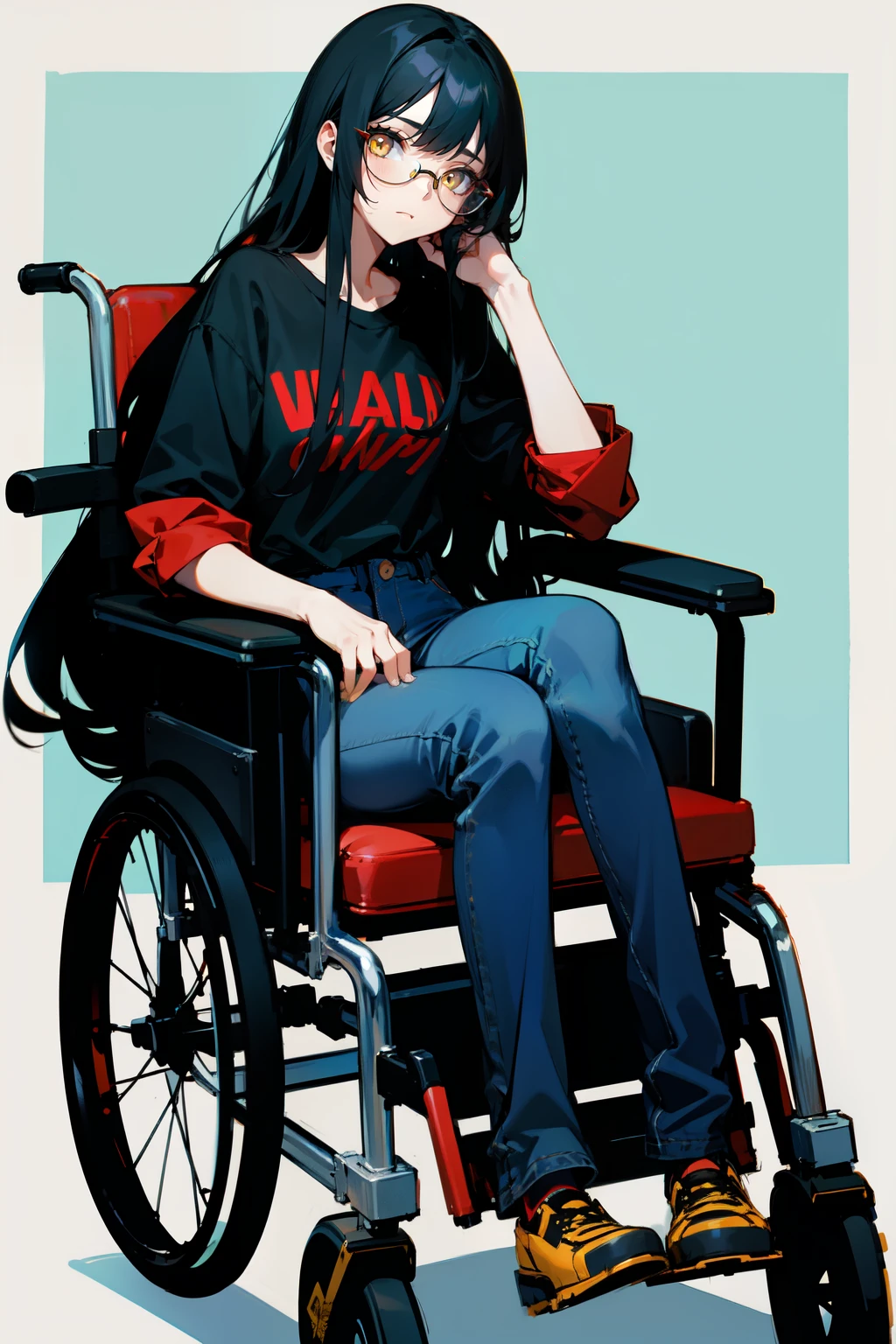 1girl, black long hair, yellow eyes, red glasses, blue jeans, wheelchair
