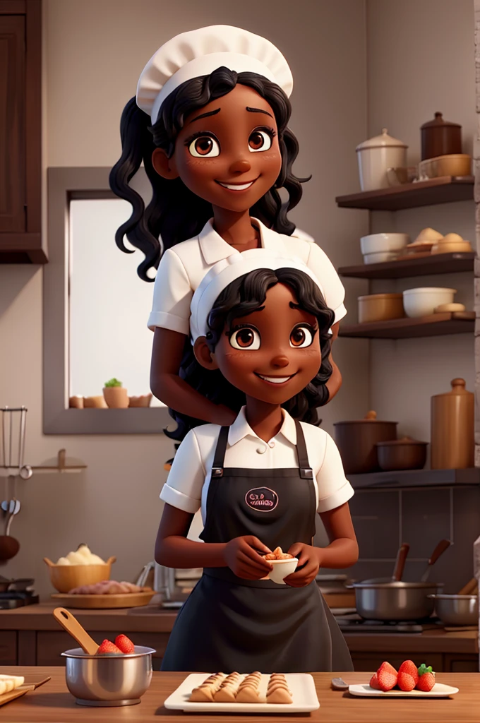 Friendly and smiling lady, with black skin, black wavy hair, dressed in white cook uniform and chef cap, making chocolate and strawberry cakes.