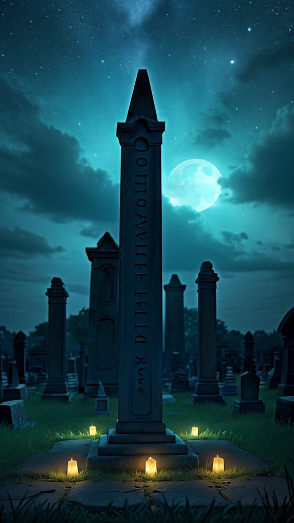 The ground trembles, and an eerie blue light shines from the tombstone,light glows from a tombstone  night scene, haunted,creepy, horror 