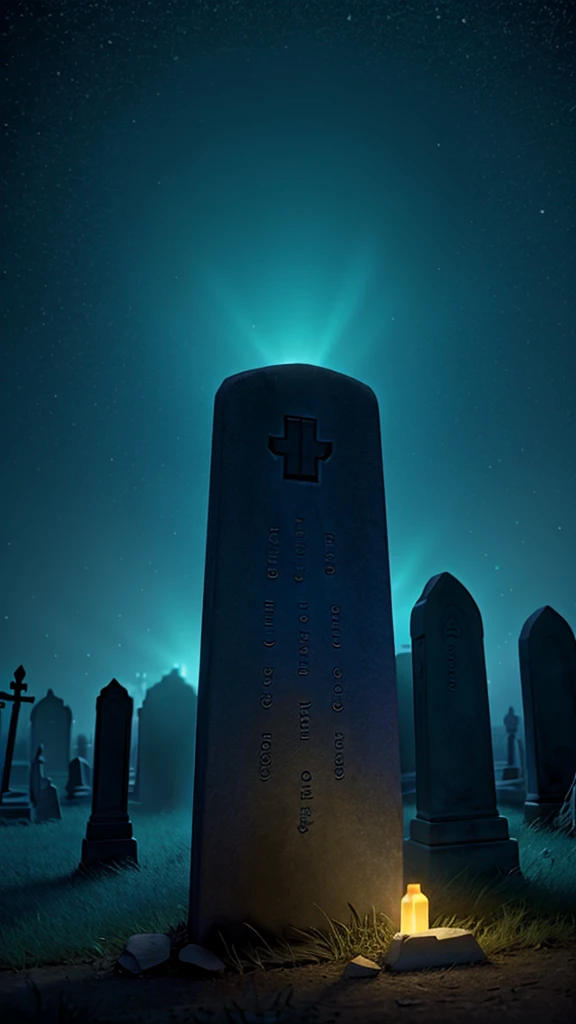 The ground trembles, and an eerie blue light shines from the tombstone,light glows from a tombstone night scene, haunted,creepy, horror