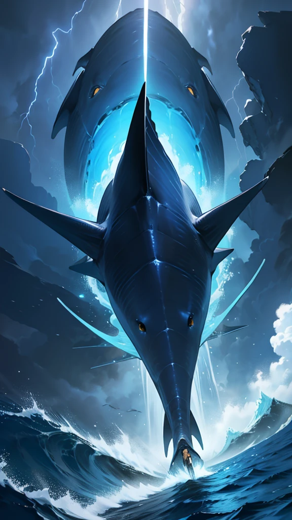 A blue whale middle an ocean and ready to swallow a man. Storm everywhere. Dark sky.