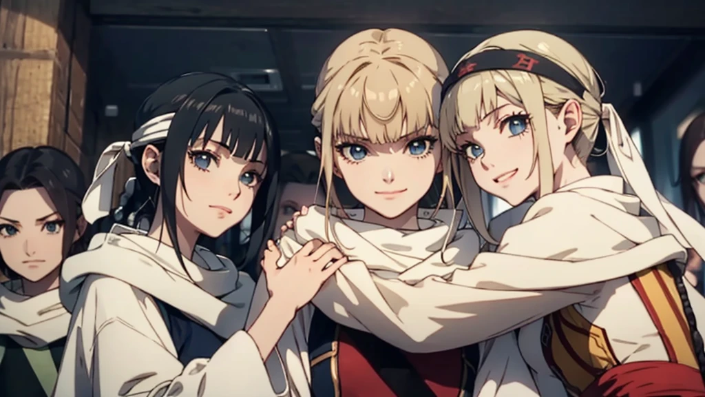 masterpiece best quality blonde、3girls standing、 cowl headband evil smile evil grin standing together hugging