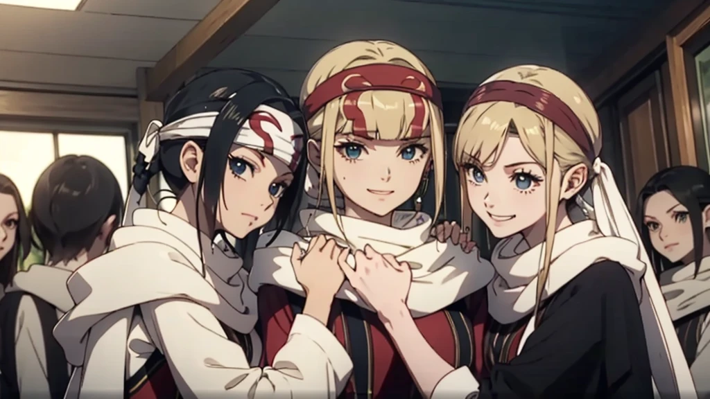  masterpiece best quality  blonde、3girls standing、 cowl  headband evil smile evil grin standing together hugging 
