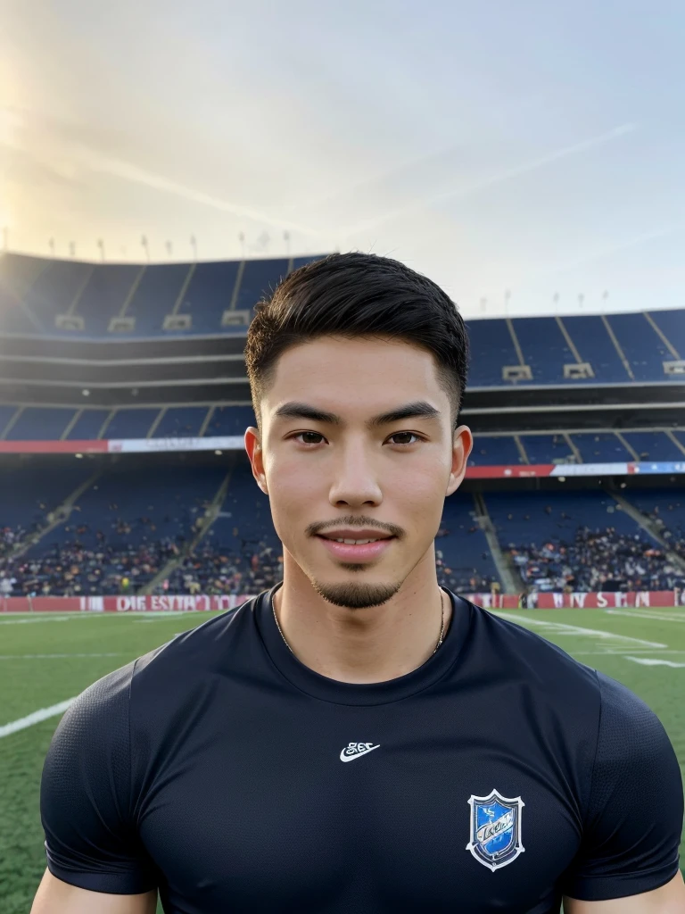 Tony Labrusca, (As a matter of fact, Masterpiece, 8k HD, good light quality, sportswear, fit the face, complicated details), A handsome, muscular young Korean man. , 20 years old, be happy, smile brightly, detailed face, delicate eyes, มองดูsky, Wear a tight blue t-shirt., period, black eyes, Black hair color, ผมsmooth, smooth, outdoor sports, Along the football field, Sunny,sky，Surreal，Superb details，Highest quality，real，