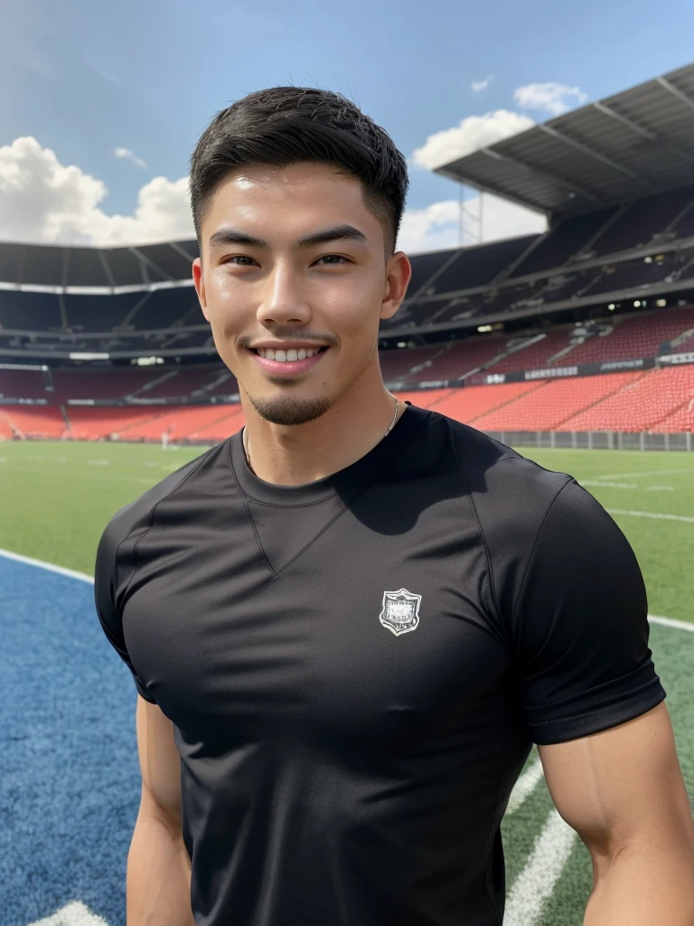 Tony Labrusca, (As a matter of fact, Masterpiece, 8k HD, good light quality, sportswear, fit the face, complicated details), A handsome, muscular young Korean man. , 20 years old, be happy, smile brightly, detailed face, delicate eyes, มองดูsky, Wear a tight blue t-shirt., period, black eyes, Black hair color, ผมsmooth, smooth, outdoor sports, Along the football field, Sunny,sky,Surreal,Superb details,Highest quality,real,