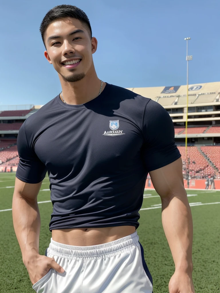 Tony Labrusca, (As a matter of fact, Masterpiece, 8k HD, good light quality, sportswear, fit the face, complicated details), A handsome, muscular young Korean man. , 20 years old, be happy, smile brightly, detailed face, delicate eyes, มองดูsky, Wear a tight blue t-shirt., period, black eyes, Black hair color, ผมsmooth, smooth, outdoor sports, Along the football field, Sunny,sky，Surreal，Superb details，Highest quality，real，