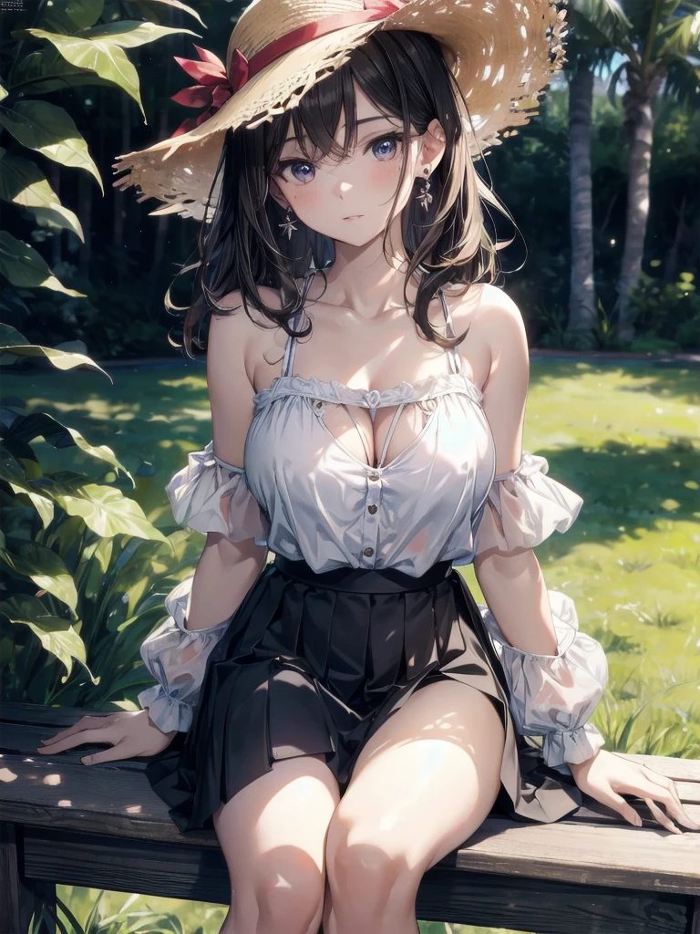 absurdres, RAW photo, extremely delicate and beautiful, masterpiece, Best Quality, ultra high resolution, 32k, hyperrealistic, ultra-detailed, perfect figure, Perfect Style, Perfect balance, in her 20s, very small head, very small face, delicate facial features, tearful mole, earring, (very huge round breasts:1.2), full body shot, (whole legs:1.2), medium hair, wavy hair, outdoor, blouse, bare collarbone, skirt, straw hat,