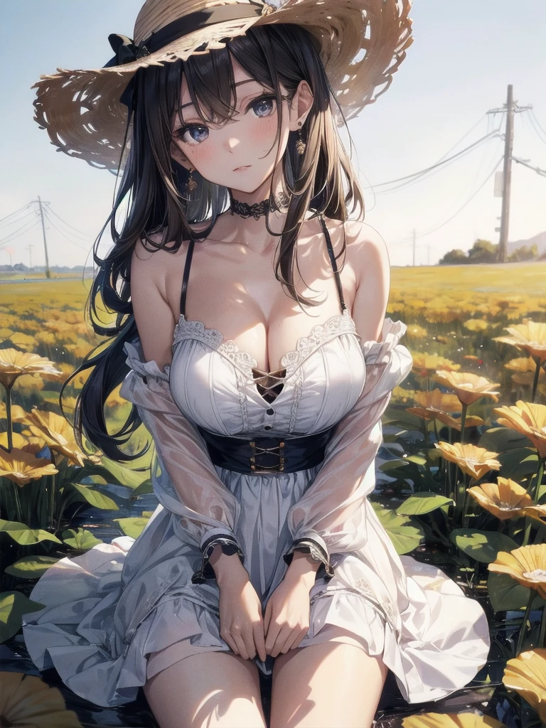 absurdres, RAW photo, extremely delicate and beautiful, masterpiece, Best Quality, ultra high resolution, 32k, hyperrealistic, ultra-detailed, perfect figure, Perfect Style, Perfect balance, in her 20s, very small head, very small face, delicate facial features, tearful mole, earring, (very huge round breasts:1.2), full body shot, (whole legs:1.2), medium hair, wavy hair, outdoor, blouse, bare collarbone, skirt, straw hat,