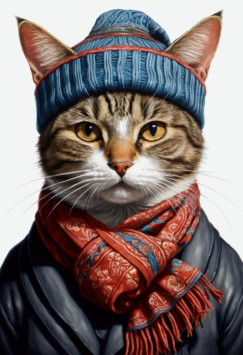 a painting of a cat wearing a hat and scarf, trending on art station, foco rosto, Detailed non-realistic rendering, British gang member, estilo de rua, pose intimidadora, Planeta dos Gatos, destque rosto , samurai urbano, miau, West Slavic features, 8 1 5, Animacoes