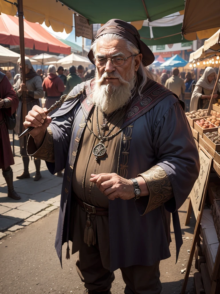 An old man selling magical stones with runes engraved on them at a street market in a medieval fantasy world, tents set up along the street, many people, algumas vestem armors, others wear simple clothes, some wear noble attire, some people are tall and strong, some people are fat. swords, armors, potions, jewelly, gem stones, objetos mágicos e potions estavam sendo vendidos no mercado.