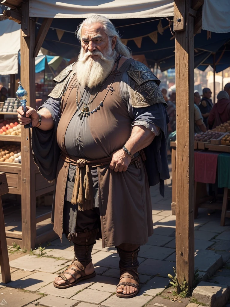 An old man selling magical stones with runes engraved on them at a street market in a medieval fantasy world, tents set up along the street, many people, algumas vestem armors, others wear simple clothes, some wear noble attire, some people are tall and strong, some people are fat. swords, armors, potions, jewelly, gem stones, objetos mágicos e potions estavam sendo vendidos no mercado.