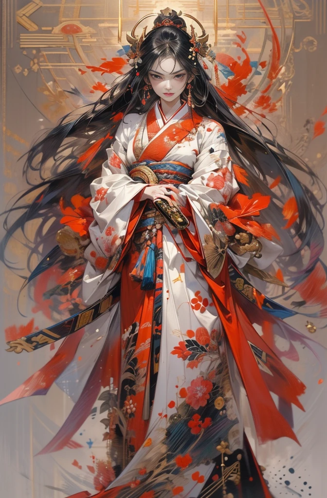 Beautiful female warrior painting, A strong female warrior, Superhuman Strength of a Demon, A female swordsman with demonic strength, Female Bodyguard, The Female Swordsman Who Killed 100 Men, Combat pose, Beautiful black-haired demon, Beautiful red kimono, Battle-crazed demon woman, Queen of Asura, Master of Iaigiri, Hold the hilt of the sword, Inspired by Chen Yifei, Works that influenced Francesco Hayes, Inspired by Hendrik Terbruggen, Jean＝Works that influenced Auguste Dominique Ingres, Inspired by Liu Jun, Jean＝Works that influenced Auguste Dominique Ingres, Demon woman with a Japanese sword, Strong samurai, Sharp eyes with long slits, Beautiful and delicate eyes, Beautiful red kimono, Five fingered hand, Oiran, Inspired by Chen Yifei, Works that influenced Francesco Hayes, Inspired by Hendrik Terbruggen, Jean＝Works that influenced Auguste Dominique Ingres, Inspired by Liu Jun, Jean＝Works that influenced Auguste Dominique Ingres, Cinematic Light, Figurative art, Beautiful and expressive paintings, Beautiful artwork illustration, wonderful, Cool Beauty, women only, Sharp contours, pretty much beautiful face, Digital art by Ludwik Konarzewski, Featured on cgsociety, Gothic art, photography of albert watson, albert watson, Paolo Roversi, Natalie Shaw Tom Bagshaw, Vrop and Andrey Ryabovitchev, steven meisel, Very detailed, Super complicated, High-quality images、Full Body Shot、Multiple Exposure Photography、wonderful効果のある画像を作成する、Use a glamorous style、Digital art inspired by Ignacy Witkiewicz, Featured on cgsociety, Gothic art, Natalie Shaw, Tom Bagshaw, Profile photo 1024px, Highest quality, The perfect angle, Perfect composition, Best Shot, Official Art, Cinematic Light, Figurative art, Beautiful and expressive paintings, Beautiful artwork illustration, wonderful, Cool Beauty, clear, mysterious, Highest quality, Official Art, Perfect composition,The perfect angle, Best Shot, Female Solo, Sharp contours, pretty much beautiful face, Five fingered hand