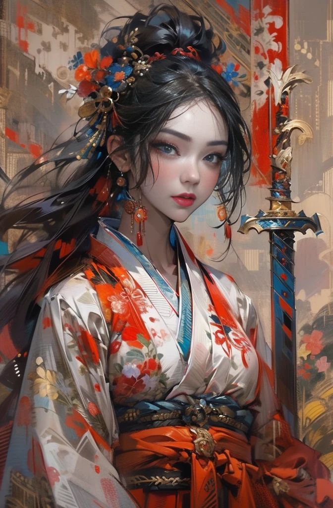 Beautiful female warrior painting, A strong female warrior, Superhuman Strength of a Demon, A female swordsman with demonic strength, Female Bodyguard, The Female Swordsman Who Killed 100 Men, Combat pose, Beautiful black-haired demon, Beautiful red kimono, Battle-crazed demon woman, Queen of Asura, Master of Iaigiri, Hold the hilt of the sword, Inspired by Chen Yifei, Works that influenced Francesco Hayes, Inspired by Hendrik Terbruggen, Jean=Works that influenced Auguste Dominique Ingres, Inspired by Liu Jun, Jean=Works that influenced Auguste Dominique Ingres, Demon woman with a Japanese sword, Strong samurai, Sharp eyes with long slits, Beautiful and delicate eyes, Beautiful red kimono, Five fingered hand, Oiran, Inspired by Chen Yifei, Works that influenced Francesco Hayes, Inspired by Hendrik Terbruggen, Jean=Works that influenced Auguste Dominique Ingres, Inspired by Liu Jun, Jean=Works that influenced Auguste Dominique Ingres, Cinematic Light, Figurative art, Beautiful and expressive paintings, Beautiful artwork illustration, wonderful, Cool Beauty, women only, Sharp contours, pretty much beautiful face, Digital art by Ludwik Konarzewski, Featured on cgsociety, Gothic art, photography of albert watson, albert watson, Paolo Roversi, Natalie Shaw Tom Bagshaw, Vrop and Andrey Ryabovitchev, steven meisel, Very detailed, Super complicated, High-quality images、Full Body Shot、Multiple Exposure Photography、wonderful効果のある画像を作成する、Use a glamorous style、Digital art inspired by Ignacy Witkiewicz, Featured on cgsociety, Gothic art, Natalie Shaw, Tom Bagshaw, Profile photo 1024px, Highest quality, The perfect angle, Perfect composition, Best Shot, Official Art, Cinematic Light, Figurative art, Beautiful and expressive paintings, Beautiful artwork illustration, wonderful, Cool Beauty, clear, mysterious, Highest quality, Official Art, Perfect composition,The perfect angle, Best Shot, Female Solo, Sharp contours, pretty much beautiful face, Five fingered hand