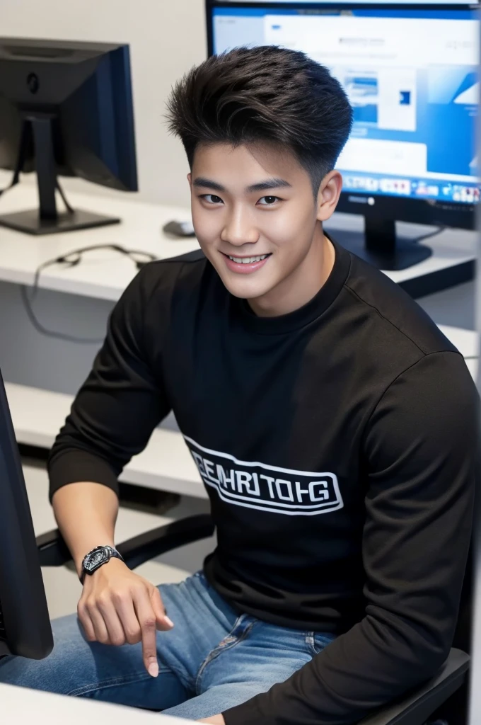 ((realistic daylight)) , Young Korean man in only a black sports shirt, no stripes, and jeans., A handsome, muscular young Asian man looks at the camera.  , In a computer shop ,turn sideways, smile