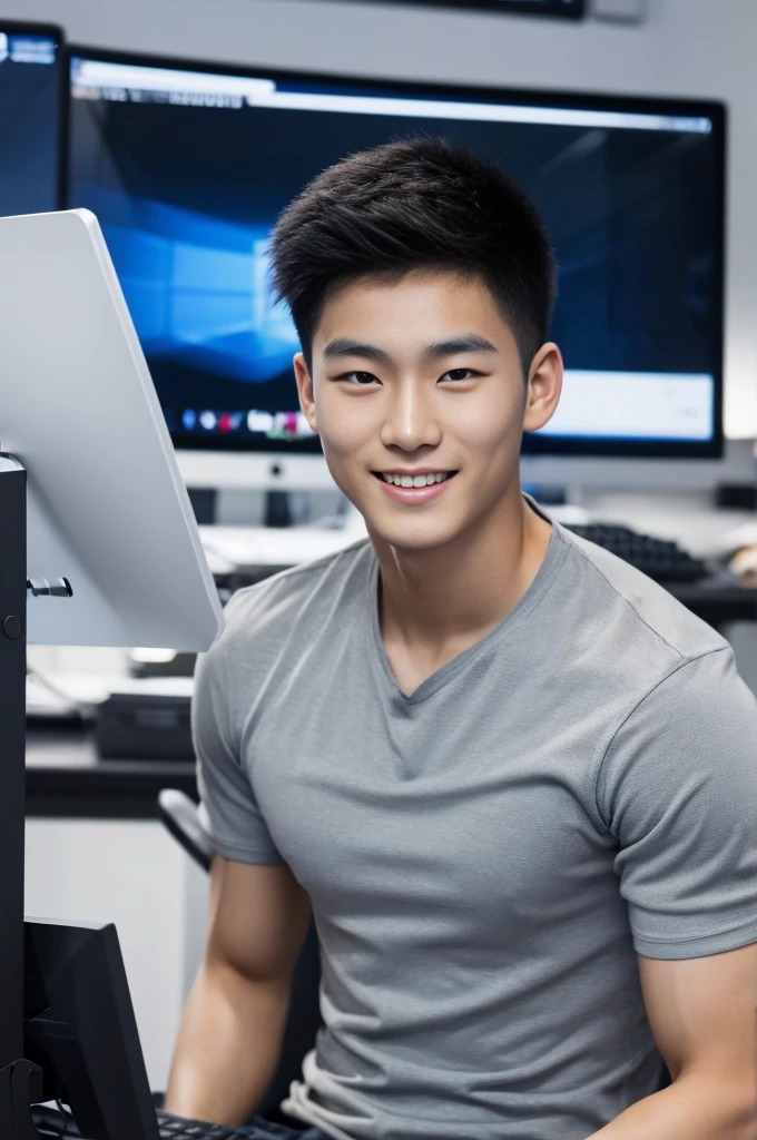 ((realistic daylight)) , Young Korean man in only a black sports shirt, no stripes, and jeans., A handsome, muscular young Asian man looks at the camera.  , In a computer shop ,turn sideways, smile