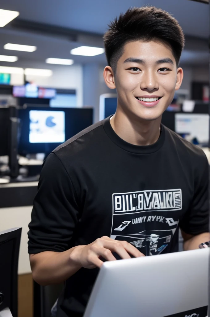 ((realistic daylight)) , Young Korean man in only a black sports shirt, no stripes, and jeans., A handsome, muscular young Asian man looks at the camera. , In a computer shop ,turn sideways, smile