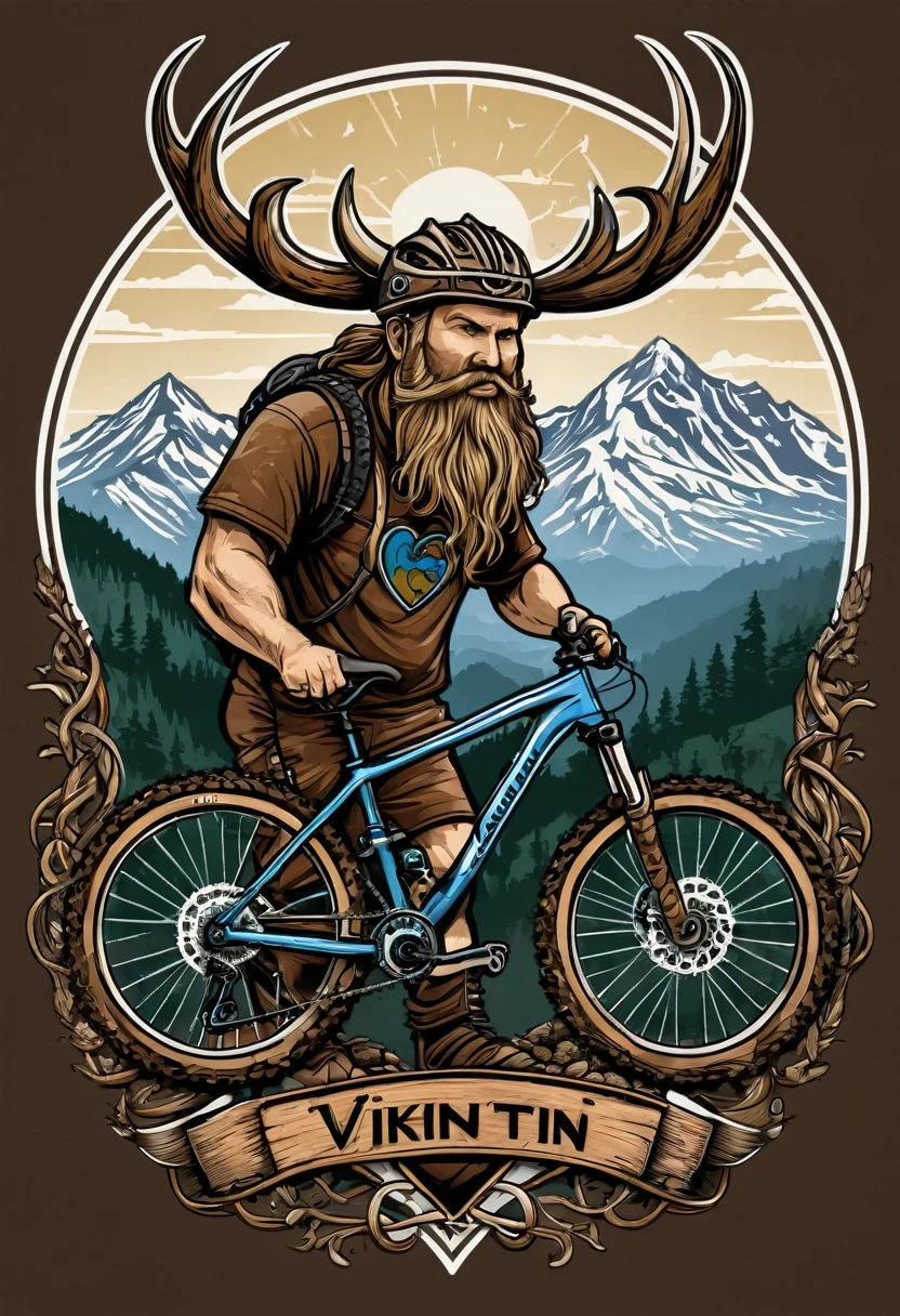 T-shirt design, logo design with a heart-shaped chain, mountain bike, text head:MOUNTAIN, text logo:VIKING, with mountains in the background, by Meredith Dillman, wood, beautiful, immaculately detailed, profile picture, by Joe Bowler