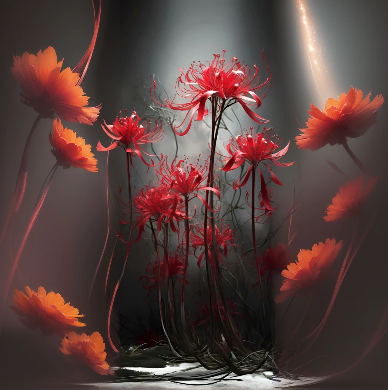 there are many red flowers that are growing in the dark, celestial red flowers vibe, surreal waiizi flowers, red flowers, magical flowers, strange flowers, alien flowers, red blooming flowers, by Kanō Tan'yū, marc adamus, in a red dream world, by Igor Zenin, breath taking, by Marie Bashkirtseff