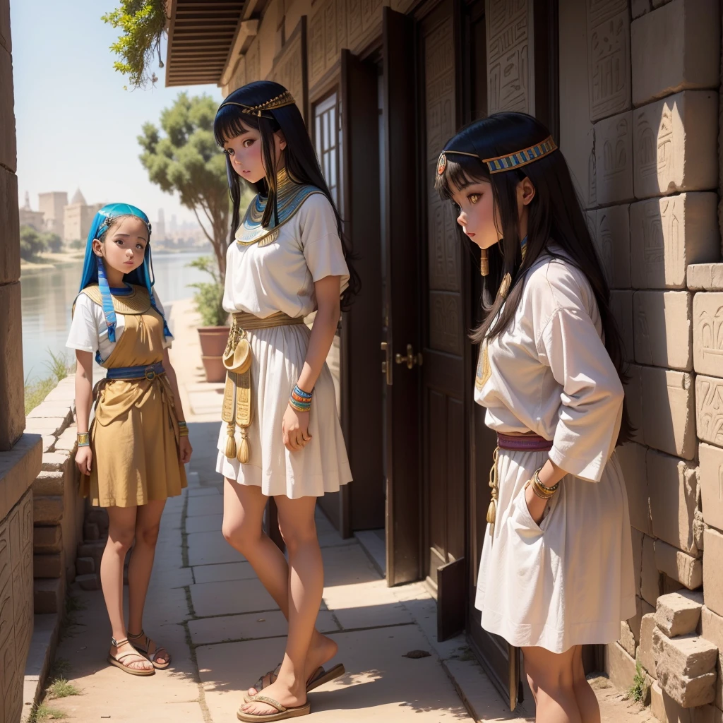 かわいいAncient Egyptの15歳の女の子、Ancient Egypt、On the banks of the Nile、A colorful view of the whole city、whole body、Low - Angle、Standing posture