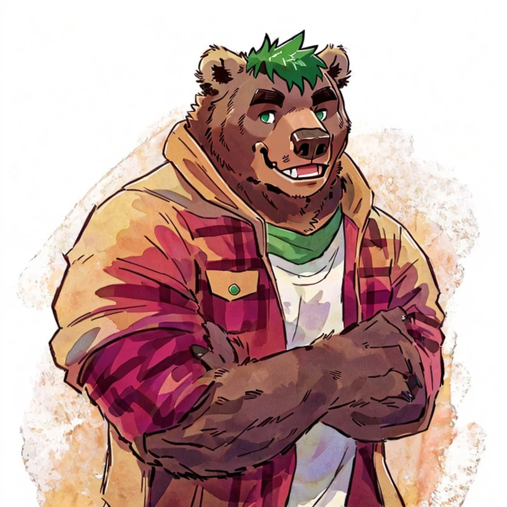 a caramel brown colored fur and hyper muscular grizzly bear, green hair, green eyes, closed smile, bara bear, dressed with a lumberjack jacket, himbo body, high quality furry art.