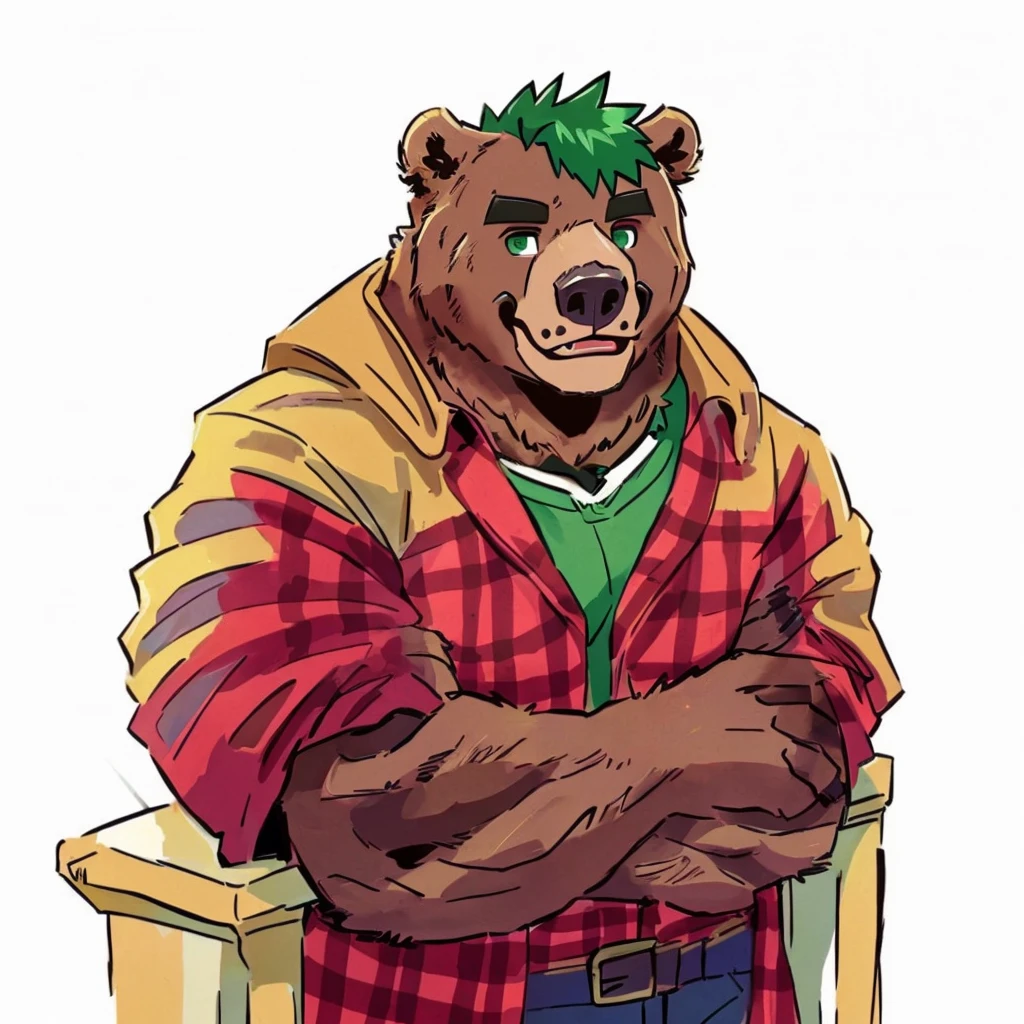 a caramel brown colored fur and hyper muscular grizzly bear, green hair, green eyes, closed smile, bara bear, dressed with a lumberjack jacket, himbo body, high quality furry art.