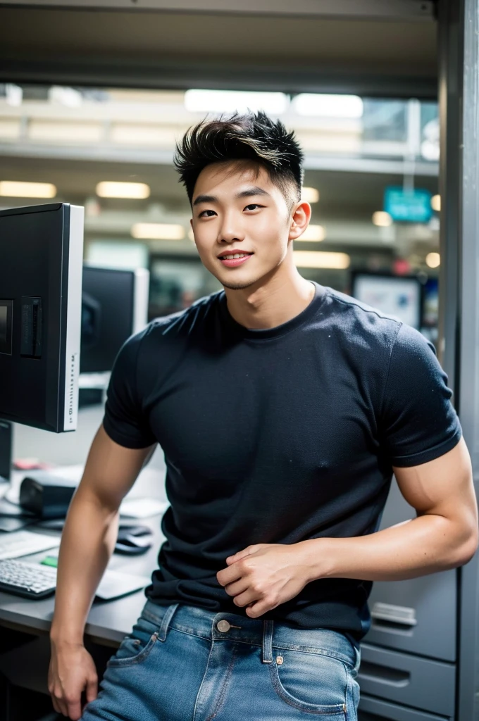 ((realistic daylight)) , Young Korean man in a black sports shirt only, no stripes. ,Jeans, A handsome, muscular young Asian man looks at the camera.  , In a computer shop ,turn sideways, smile