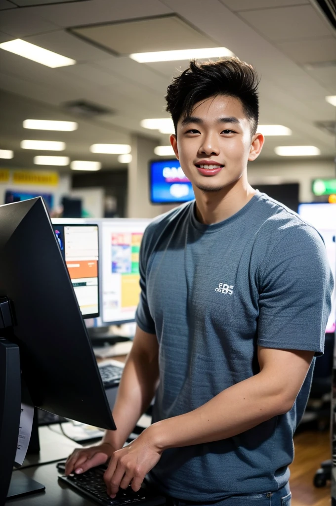 ((realistic daylight)) , Young Korean man in a black sports shirt only, no stripes. ,Jeans, A handsome, muscular young Asian man looks at the camera.  , In a computer shop ,turn sideways, smile