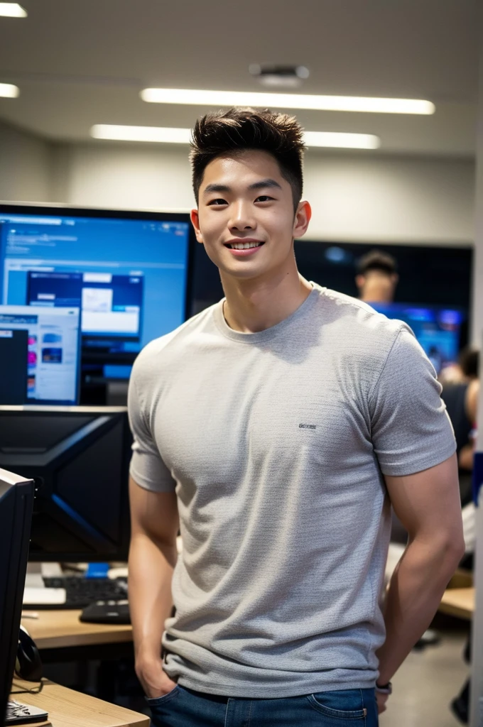 ((realistic daylight)) , Young Korean man in a black sports shirt only, no stripes. ,Jeans, A handsome, muscular young Asian man looks at the camera.  , In a computer shop ,turn sideways, smile