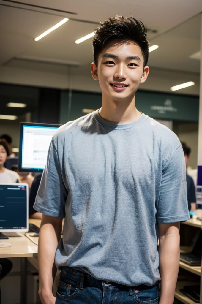 ((realistic daylight)) , Young Korean man in a black sports shirt only, no stripes. ,Jeans, A handsome, muscular young Asian man looks at the camera. , In a computer shop ,turn sideways, smile