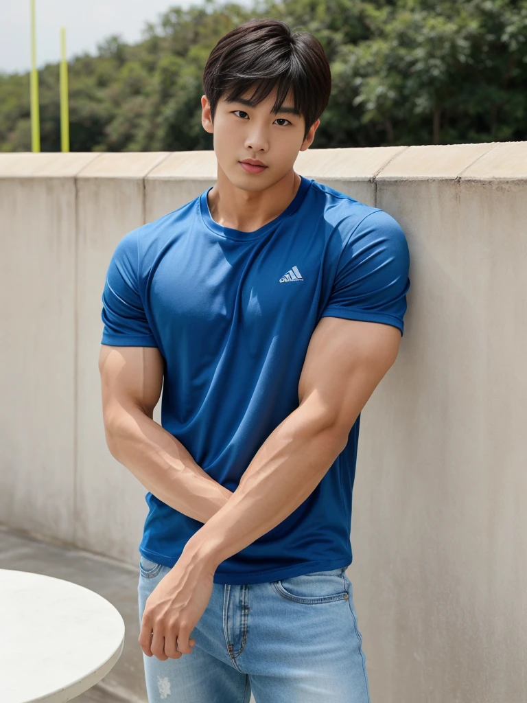独奏: 1.5, (As a matter of fact, Masterpiece, 8k HD, good light quality, sportswear, fit the face, complicated details), A handsome, muscular young Korean man sits at a table, with muscular arms. , 20 years old, be happy, detailed face, delicate eyes, look at the sky, Wear a tight blue t-shirt.:1.6 , jeans period, black eyes, Black hair color, ผมsmooth, smooth，Surreal，Superb details，Highest quality，real，Open your mouth to talk. , Close your eyes., (standing in the football field:1.1)