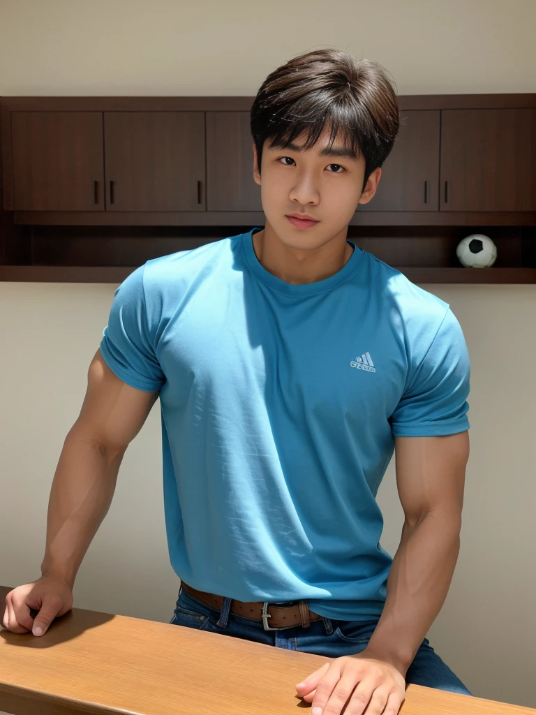 独奏: 1.5, (As a matter of fact, Masterpiece, 8k HD, good light quality, sportswear, fit the face, complicated details), A handsome, muscular young Korean man sits at a table, with muscular arms. , 20 years old, be happy, detailed face, delicate eyes, look at the sky, Wear a tight blue t-shirt.:1.6 , jeans period, black eyes, Black hair color, ผมsmooth, smooth,Surreal,Superb details,Highest quality,real,Open your mouth to talk. , Close your eyes., (standing in the football field:1.1)