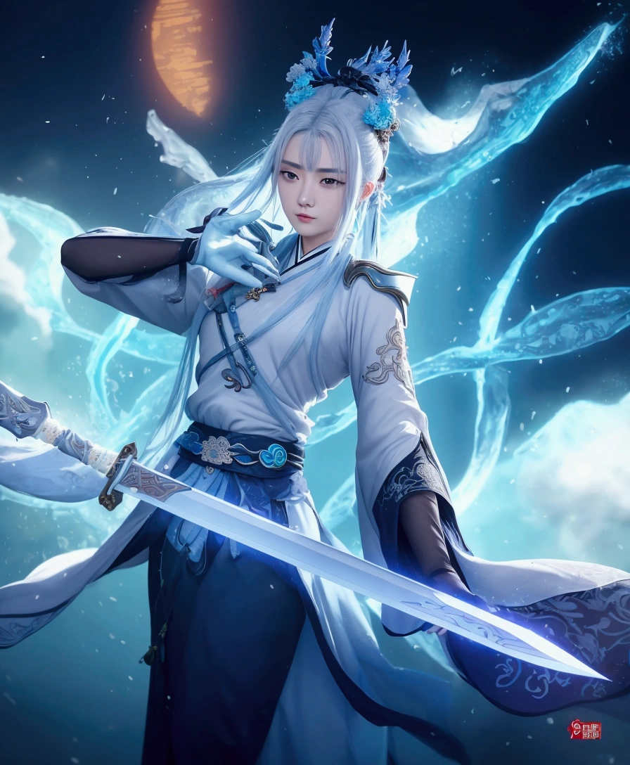 a woman with a sword and a sword in her hand, heise jinyao, inspired by Huang Shen, xianxia hero, zhao yun, loong, keqing from genshin impact, g liulian art style, inspired by Hong Ren, legendary god holding spear, by Yang J, white haired deity, ice lord, full body xianxia