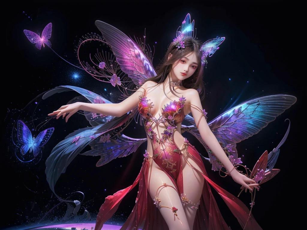 absurd , high resolution, Extremely detailed, (1 Girl:1.3), rest, fantastic dress, Headdress, rest, Mild personality, Dark Man, mind control, Fractal, whole body, 天flower板, Artistic Background, Blue bioluminescence, Geometric, organic, bless, supportive, Sublime, sublimation, noble, Expand, Unravel, anti-gravity, Antimatter, Guardian Angel, Saint, 神Saint, , dignified, Red bioluminescence, flower, Holographic Wings, Magic Circle, Photon, Butterfly, scales, galaxy, Birk,