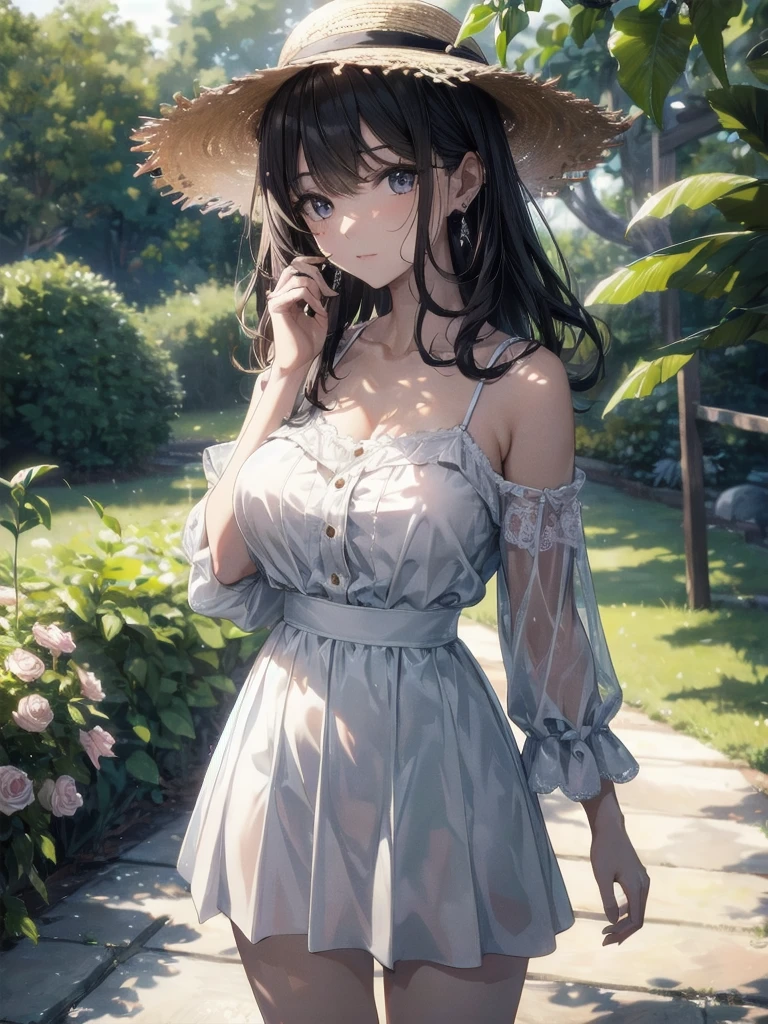 absurdres, RAW photo, extremely delicate and beautiful, masterpiece, Best Quality, ultra high resolution, 32k, hyperrealistic, ultra-detailed, perfect figure, Perfect Style, Perfect balance, in her 20s, very small head, very small face, delicate facial features, tearful mole, earring, (very huge round breasts:1.1), full body shot, (whole legs:1.2), medium hair, wavy hair, outdoor, blouse, bare collarbone, skirt, straw hat,