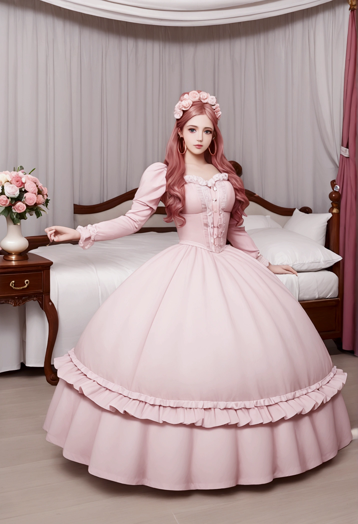 Highest quality, masterpiece, Highest Resolution, romantic,woman, ((10 years old)),The girl is a princess,((Dark pink satin fabric)),Dark pink victorian dress, ((Gorgeous princess rococo ball gown dress with voluminous full-length hoop skirt)),Long sleeve,Long dress,A dress with lots of ruffles and ribbons...,luxury,((Palace Bedroom)),((Huge Victorian canopy bed)), (Large ruffled silk pink curtains),Long Hair,Princess、Sitting on the floor、The Fouquet skirt opens wide、As beautiful as a flower in full bloom。