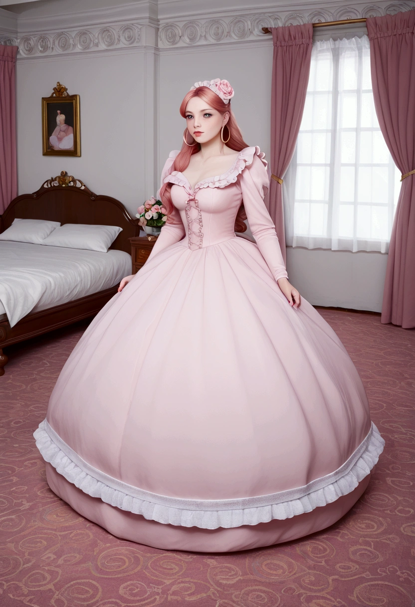 Highest quality, masterpiece, Highest Resolution, romantic,woman, ((10 years old)),The girl is a princess,((Dark pink satin fabric)),Dark pink victorian dress, ((Gorgeous princess rococo ball gown dress with voluminous full-length hoop skirt)),Long sleeve,Long dress,A dress with lots of ruffles and ribbons...,luxury,((Palace Bedroom)),((Huge Victorian canopy bed)), (Large ruffled silk pink curtains),Long Hair,Princess、Sitting on the floor、The Fouquet skirt opens wide、As beautiful as a flower in full bloom。