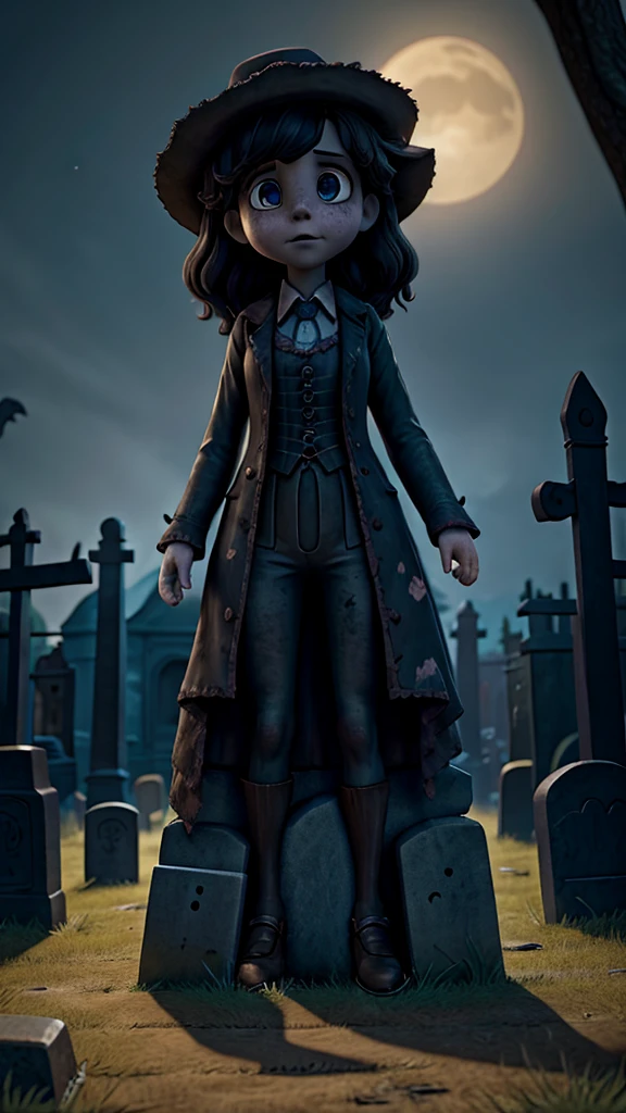 Hands emerging out from a tombstone night scene, haunted,creepy, horror ,girl standing near tombstone nervous,haunted