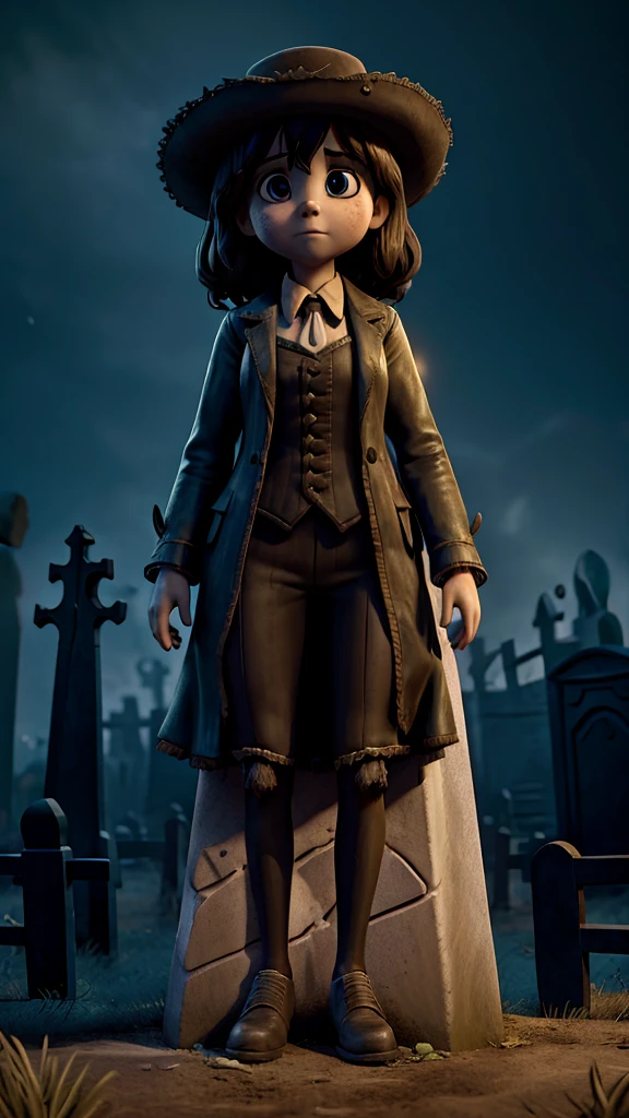 Hands emerging out from a tombstone  night scene, haunted,creepy, horror ,girl standing near tombstone nervous,haunted