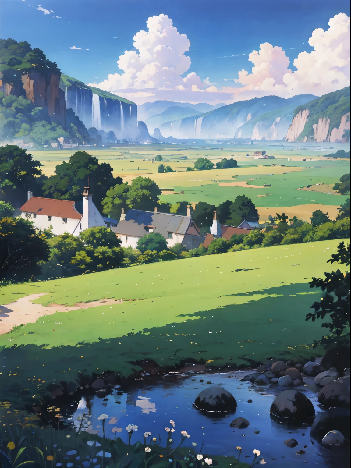 Practical, for real, Beautiful and stunning landscape oil painting Hayao Miyazaki Studio Ghibli&#39;Petal grassland with blue sky and white clouds--v6