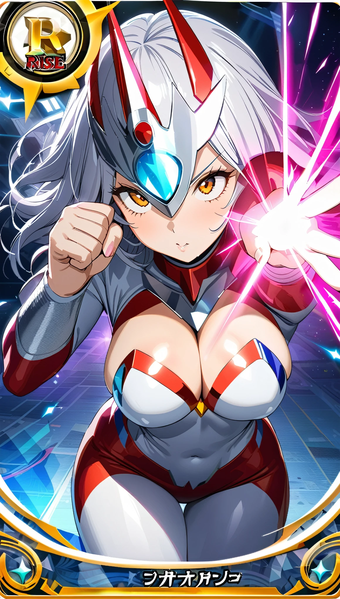 (masterpiece:1.2,Highest quality,Highest quality,High resolution,Very detailed),8k,1 female,Mature female heroine,40 years old,Woman transforming into Ultraman, (Dynamic Makeover:1.2),(Dynamic hair movement:1.2),(short hair),(Shiny Ultraman uniform),(Glowing Skin,Big eyes,Droopy eyes,Long eyelashes,Beautiful thighs,Beautiful Hair,Beautiful Face,Beautiful Eyes,Beautiful body,Beautiful breasts,Beautiful feet,Beautiful fingers),break((Ultraman)),((Ultraman_rise:1.5)),((hands)),(Raise your right fist straight up),(The right hand is a punch),(Extend your right arm straight),((Detailed drawing of a fist),(Severe),(The background is a glowing prism flash),((Wrapped in dazzling light)),((Beautiful trading cards,Holographic Card))