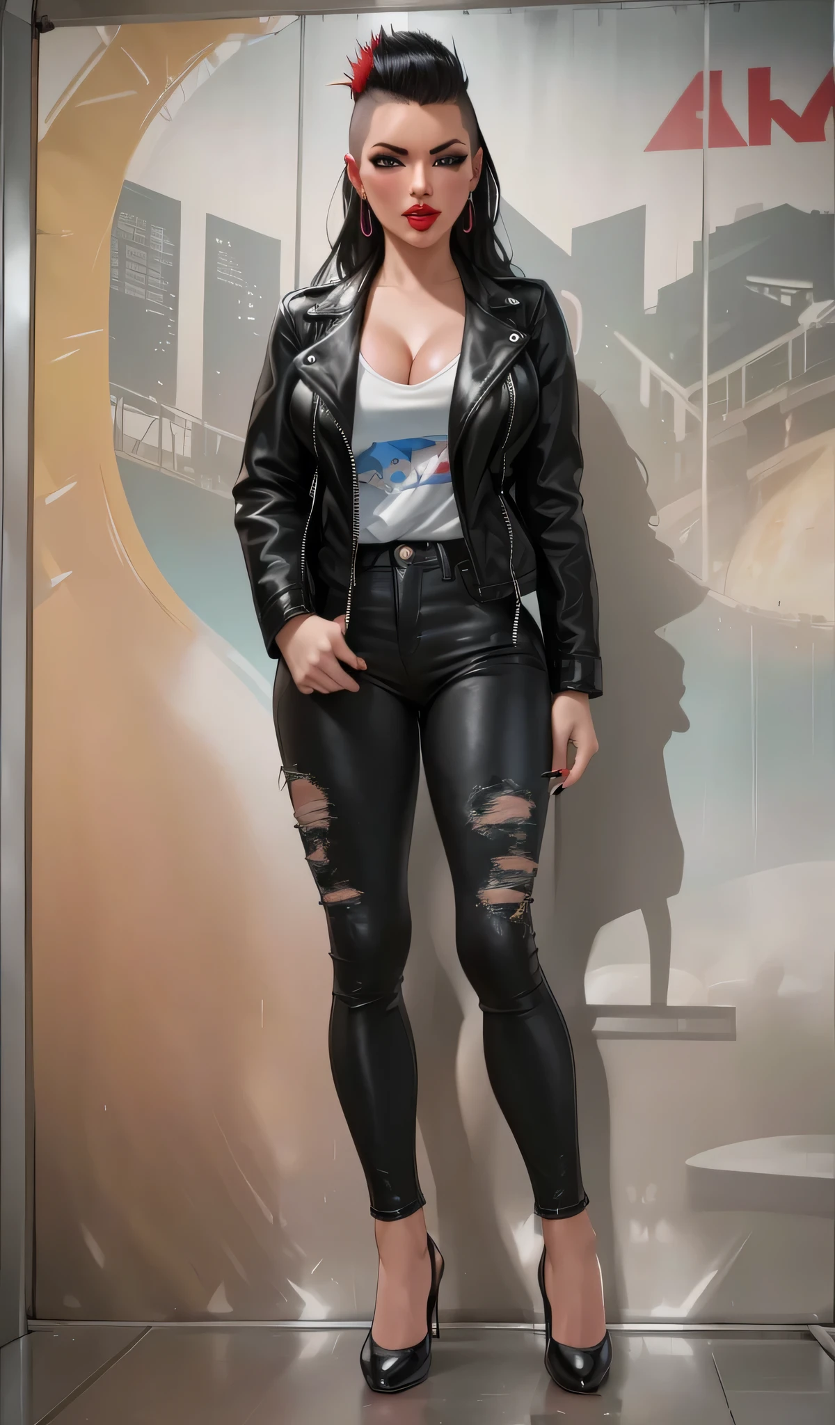 UHD 8k, HDR+, film photo ChristyMackQuiron woman, peinado Mohawk, mohawk hair, black hair, pelo negro, realista, a woman Shot putwearing a leopard shirt and tight jeans having fun in an amusement park, ahort black leather jacket, cleavage, chaqueta de cuero negro corta, vaqueros apretados, flat shoes, de buen tono, 35mm photography, Movie, bokeh, profesional, 4k, muy detallado, Los Angeles, theme park, amusement parl, parque de atracciones, rainy, Against the background of the chic modern apartment, detailed background, realistic, 1girl, solo girl, 25 year old girl, ultra realistic face, hyperrealistic, hyperdetailed, (looking at viewers), sharpen, detailed face, detailed eyes, detailed lips, red lips, beautiful face, 16k, FHD, raw photo, cute face mesh, pretty face mesh, portrait shot 8 k