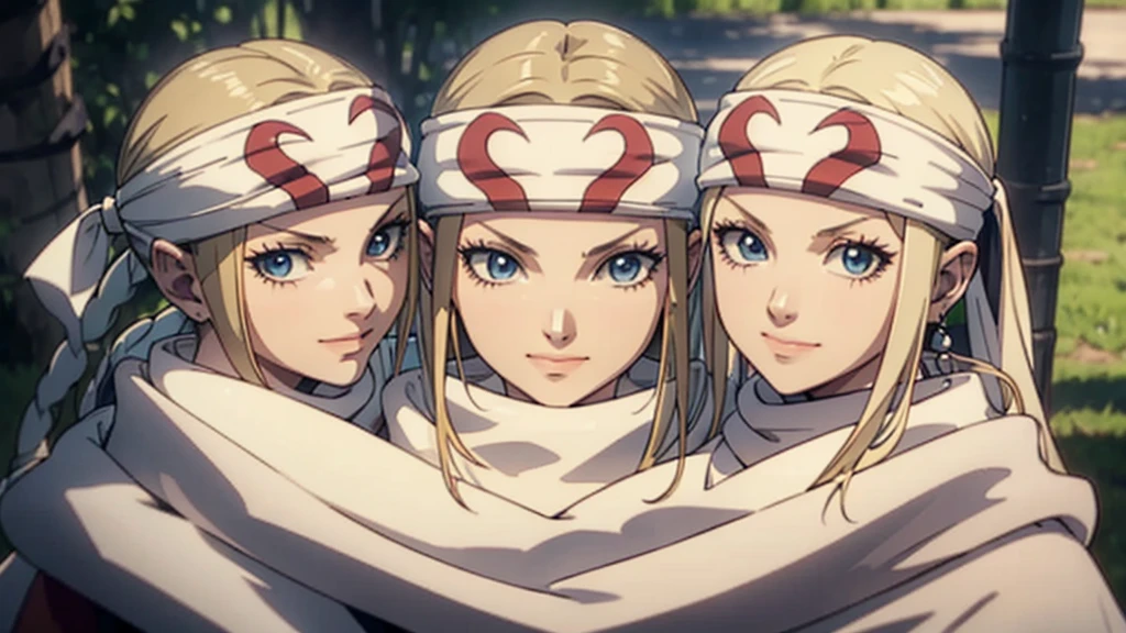  masterpiece best quality  blonde、3girls standing、 cowl  headband evil smile evil grin standing together hugging 